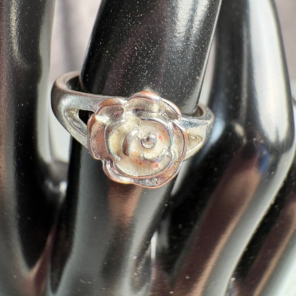 Silver Tone Rose Flower Ring Split Band Floral Design Size 7